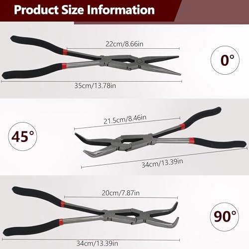 3PCS 13" Double Jointed Long Needle Nose Pliers Set, 0°/45°/90° Bent Nose Extra Long Pliers with Comfort Grips for Automotive Repair & Confined Spaces