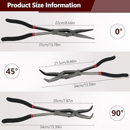 3PCS 13" Double Jointed Long Needle Nose Pliers Set, 0°/45°/90° Bent Nose Extra Long Pliers with Comfort Grips for Automotive Repair & Confined Spaces