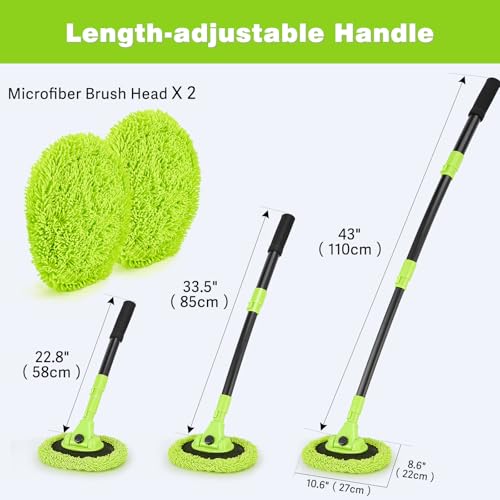 7-in-1 Car Wash Brush Kit with 15° Curved Long Handle for Cars | Car Cleaning Kit with 2 Replaceable Car Washing Mop, Wash Sponge, Mitt, Towel, Tire Brush for RV SUV Truck, Green