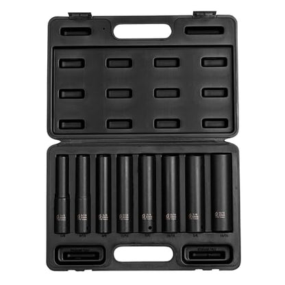 SUNEX TOOLS 2848, 1/2 Inch Drive Impact Socket Set, Extra Long Deep, 8-Piece, SAE, 1/2"-15/16", Cr-Mo Alloy Steel, Radius Corner Design, Dual Size Markings, Heavy Duty Storage Case