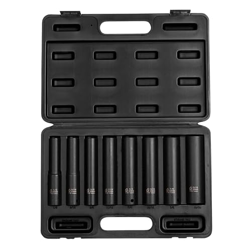 SUNEX TOOLS 2848, 1/2 Inch Drive Impact Socket Set, Extra Long Deep, 8-Piece, SAE, 1/2"-15/16", Cr-Mo Alloy Steel, Radius Corner Design, Dual Size Markings, Heavy Duty Storage Case