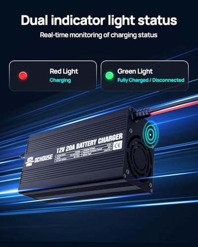 DC House 12V 20A Lithium Battery Charger, 14.6V LiFePO4 Charger with Battery Quick Connector & LED Indicator, Smart 300W Fast Charging for 12V Boat/RV Battery, Solar Systems, Off Grid, Homes