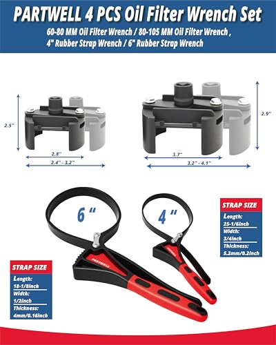 4Pcs Oil Filter Wrench Adjustable Universal | Oil Filter Removal Tool for Cars, Trucks & SUVs (60-80/80-105mm) + Non-Slip Strap Wrench for Home Plumbing |