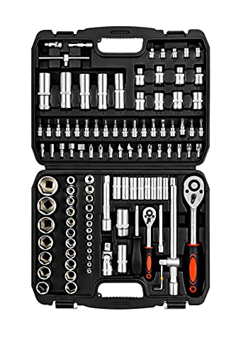 XHTT Mechanics Tools Kit,108-Piece 1/4"&1/2 Metric And Standard Socket Set,Ratchet Set,Quick Release Reversible Ratchet Wrench,Universal Joint,Extension Bars.