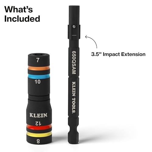 Klein Tools 651MQS Impact-Rated Quad Socket Set, 4-in-1 Flip Socket Driver, Color-Coded, Heavy-Duty Multi Tool, 1/4-Inch Drive, Metric 7mm, 8mm, 10mm, 12mm, 3-1/2-Inch Extension Shaft - size: 4 Sizes, Metric