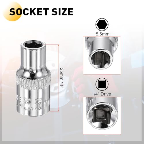 HARFINGTON Deep 6-Point Impact Socket 1/4" Drive 5.5mm Metric Socket 25mm (1") Long with 1/4" Hex Shank Adapter, CR-V Steel Socket Adapter Accessory Tool Set Kit for Hex Bolts Nuts - size: 5.5mm x 25mm