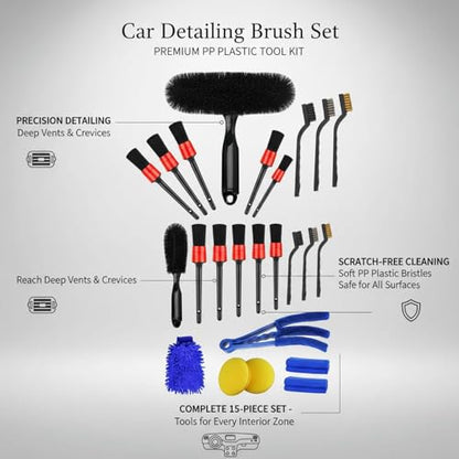 15-Piece Car Detailing Brush Set for Interior Vents, Dashboard Crevices & Console Gaps - Durable PP Plastic Cleaning Tool Kit - size: 12.4 x 6.3 x 1.77 in