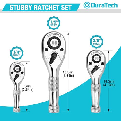 DURATECH 3PCS Stubby Ratchet Wrench Set, 90-Tooth 1/4" 3/8" 1/2" Drive Socket Wrench, Mini Small Ratchet with CR-MO Head, Quick-Release & Reversible Design, Full Polished, EVA Organizer - style: 1/4" & 3/8" & 1/2" Ratchet Set (3-Piece)