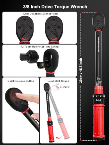 3/8 Torque Wrench 10-110 Ft-lb/13.6-149.2 Nm, ±3% Accuracy Click Torque Wrench 3/8 Inch - 72 Tooth Dual Direction, Quick Release, All Matel, Extension Bar & Adapters Set for Motorcycle and Car Repair