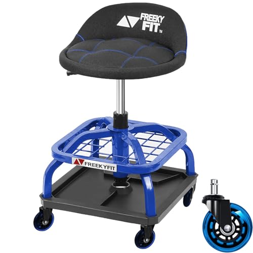 Rolling Stool with Blue Wheels,Heavy Duty Garage Work Mechanic Rolling Shop Stool with Backrest, Adjustable Height 360°Swivel Roller Mechanic Chair with 2 Tool Trays, 330 LBS Capacity - color: Blue Stool With Blue Casters