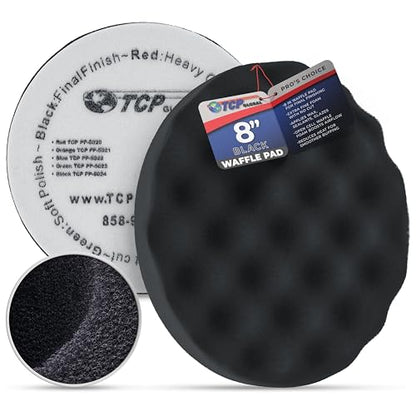 TCP Global 8" Black Waffle Foam Buffing Pad Hook and Loop Backing - Extra Fine Pad for Polishing, Automotive, Marine, Truck, RV & Compound Cutting, Car Polishing Pads - color: Black
