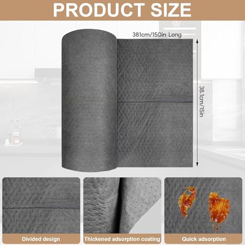 150" L x 15" W Absorbent Mat Roll, Heavyweight Oil and Watter Pads Absorbs up to 40.2 Gallons, Polypropylene Meltblown Maintenance Absorbent Bonded Roll, for Protecting Home Garage Basement - size: 15in x 150in