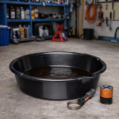 7-Quart Automotive Oil Drain Pan with Built-In Scale and Pour Spout, Low Profile Oil Catch Pan for Cars, Trucks, and SUVs, Black