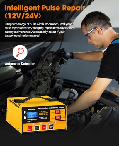 Car Battery Charger,12V-12A/24V-8.5AMH Smart Automatic Battery Charger,High/Low Power Trickle Charger Battery Maintainer and Desulfator,for Motorcycle Lawn Mower Marine Lead Acid Batteries - color: Yellow