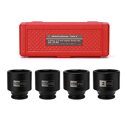 Mayouko 4PCS 1/2" Drive SAE Spindle Axle Nut Impact Socket Set, 1-13/16, 1-7/8, 1-15/16, 2 Inch, 6 Point, CR-MO, Standard - size: 4PCS:1-13/16" - 2"(Standard)