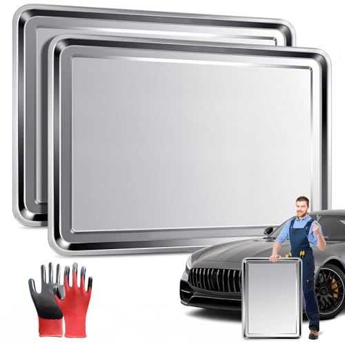 Oil Drip Pan Set – 2pcs Large 31.5 × 19.7 × 1 in Stainless Steel Pans with Gloves – Heavy Duty 410 Oil Drip Pans to Keep Floors Clean for Under Car & Garage Use - size: 31.5 × 19.7 × 1 in-2PCS