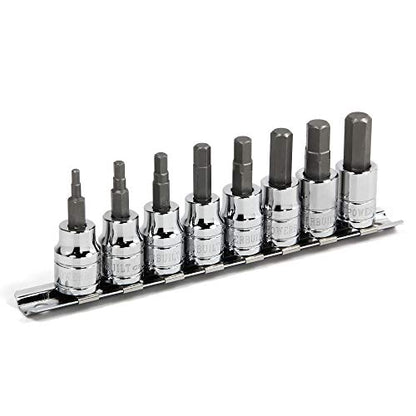 Powerbuilt Hex Bit Socket Set, 8 Piece, 3/8 Inch Drive Metric, Sizes 3-10mm, Ball End Sockets, Storage Rail - 642405, Silver