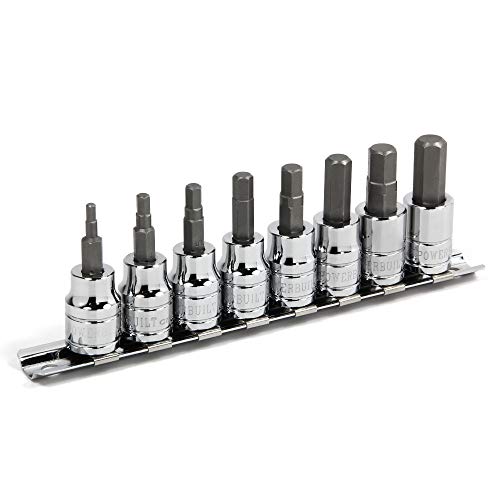 Powerbuilt Hex Bit Socket Set, 8 Piece, 3/8 Inch Drive Metric, Sizes 3-10mm, Ball End Sockets, Storage Rail - 642405, Silver