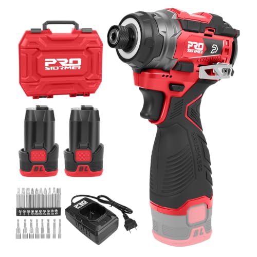Prostormer 17V Cordless Impact Driver Set, 140Nm Brushless Screwdriver | with 3 Variable Speed, 1/4” Hex Chuck, 18 Pcs Bits, 1.5Ah Batteries & Charger(Red) - color: Red, size: 17V Impact Driver