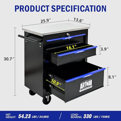 4 Drawer Heavy Duty Rolling Tool Chest, Mobile Metal Lockable Tool Cart with Stainless Steel Worktop, Garage Tool Storage Cabinet for Workshop Auto Repair, Black & Blue, 30.7" H × 25.9" W - size: 4 Drawers