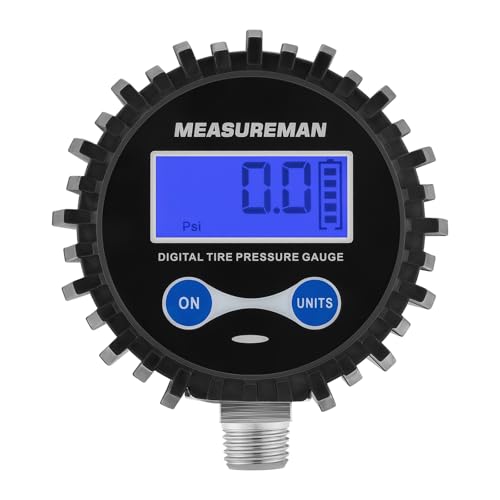 MEASUREMAN 2-1/2" Dial Size Digital Air Pressure Gauge with 1/4'' NPT Bottom Connector and Protective Boot, 0-250psi, Accuracy 1%, Battery Powered with LED Light Short Thread - size: Short thread, style: 0-250psi