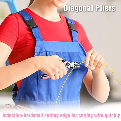 WORKPRO 4-Piece Pliers Set | Premium CR-V Construction Pliers Tool Sets Including Long Nose, Diagonal Cutting, Groove Joint and Slip Joint Pliers - color: Pink