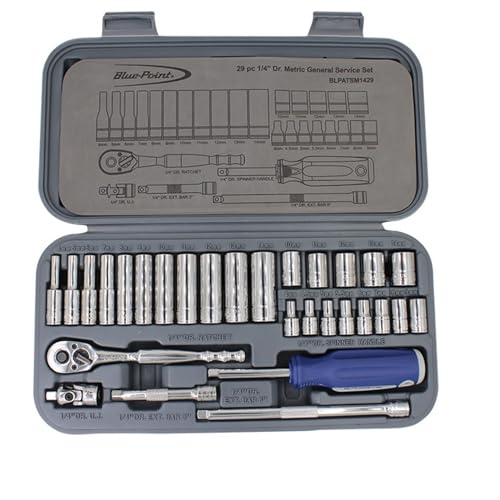 Blue Point BLPATSM1429 29-Piece 1/4" Drive Metric Socket Set, 6-Point Shallow & Deep Sockets 4-14mm, Quick Release Ratchet, Extension Bars, Universal Joint & Storage Case