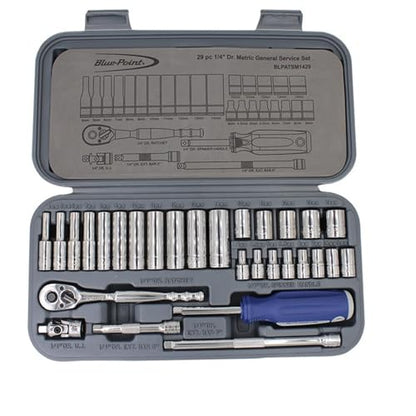 Blue Point BLPATSM1429 29-Piece 1/4" Drive Metric Socket Set, 6-Point Shallow & Deep Sockets 4-14mm, Quick Release Ratchet, Extension Bars, Universal Joint & Storage Case