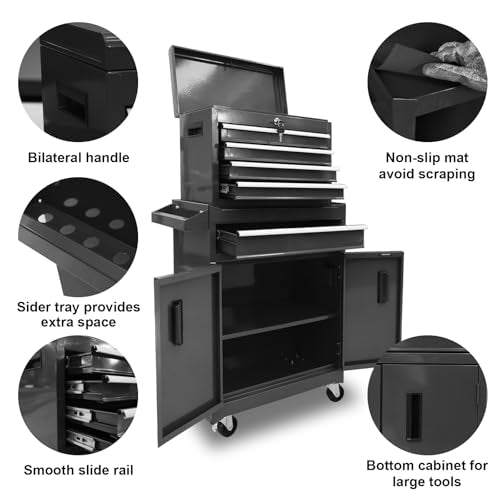 Torin 5-Drawer Rolling Tool Chest: Metal Tool Box with Wheels, Removable Top Tool Box, Liner, Adjustable Shelf and Locking Mechanism for Garage Workshop,Black - style: Metal Tool Box/Black