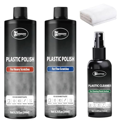 Plastic Polish Cleaner Kit, Removes Scratches & Scuffs | Plastic Scratch Remover 13.52oz and Cleaner 3.38oz, Ultra Fine Scratch Remover for Acrylic Surfaces