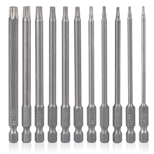 YDLQWCZ Torx Bit Set 11 Piece 4 Inch long Security Tamper Proof Star Bit Set S2 Steel 1/4" Hex Shank T6-T40 Magnetic Impact Driver Drill Bits - size: 4 In.