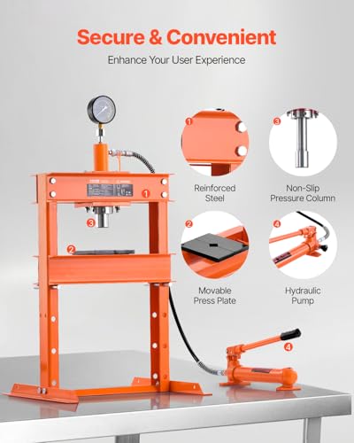 VEVOR Hydraulic Shop Press, 10 T H-Frame Shop Press with Press Plate & H-Shaped Base, Stable Garage Floor Adjustable Hydraulic Press with Relief Valve, Fit for Bending, Straightening & Stamping - size: 10T