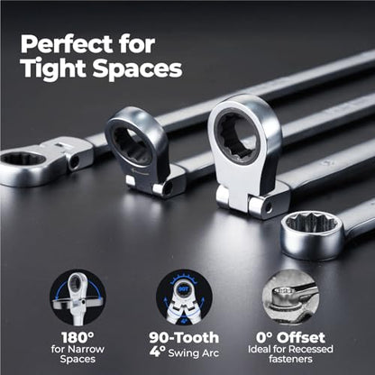 toolant Extra Long Ratcheting Wrench, Flex Head & Fixed Offset Head Double Box End Combination Wrench, CR-V Steel, Metric 15mm - size: 15 mm