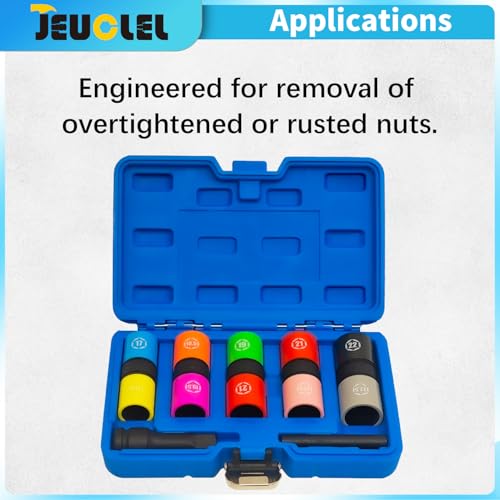 7PCS 10 Size 1/2" Drive Lug Nut Socket Set, Wheel Impact Flip Hex | Metric, Half Size, Non-Marring Flip Socket, Thin Wall Wheel Protector Impact Deep Socket Removal Tool, Knockout Bar, CR-MO - size: 7Pcs (blue)