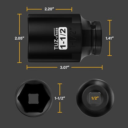 1/2 Inch Drive 1-1/2 Inch Deep SAE 6 Point CR-MO Impact Socket | Radius Corner Design,Square Chamfered Opening,Axle Nut Impact Grade Socket for Easy Removal - size: 1/2” Drive 1-1/2 Deep, style: 1/2" Drive Deep Socket