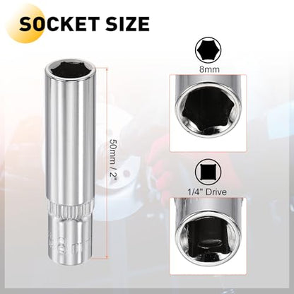 HARFINGTON Deep 6-Point Impact Socket 1/4" Drive 8mm Metric Socket 50mm (2") Long with 1/4" Hex Shank Adapter, CR-V Steel Socket Adapter Accessory Tool Set Kit for Hex Bolts Nuts - size: 8mm x 50mm