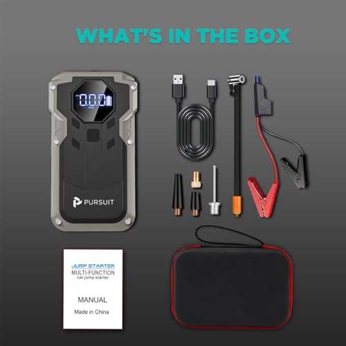 Jump Starter with Air Compressor, 2000A Peak Car Battery Booster(8L Gas/6L Diesel), 150PSI Tire Inflator Portable 12V Jump Box Car Battery Jumper Starter with Jumper Cable, LED Lights, LCD Display