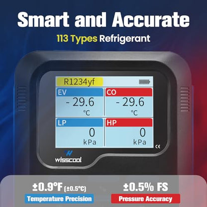 WISSCOOL Digital Manifold Gauges HVAC, R454B R134A R410A R32 AC Gauge Set | Color LED Display, 2 Thermometer Clamp Probes, 3 AC Hoses with Pressure Temp Leak Test for HVAC Automotive AC Charging