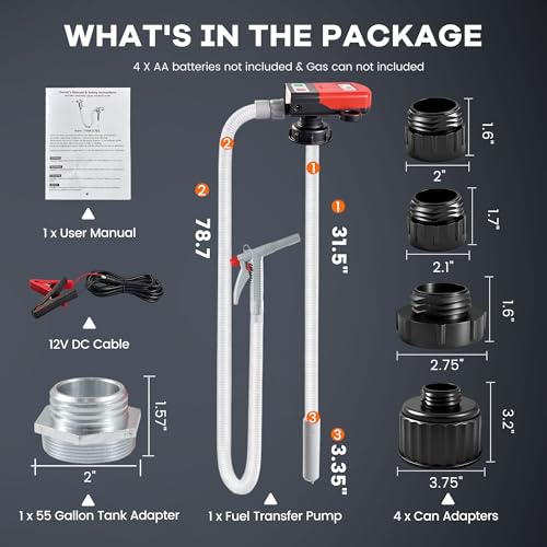 3.8 GPM Fuel Transfer Pump with 5 Adapters | 12V Battery Clip & AA Powered, 79 in Long Hose, Portable, Gas Diesel Oil Compatible, for Cars Boats Lawn Mowers Generators