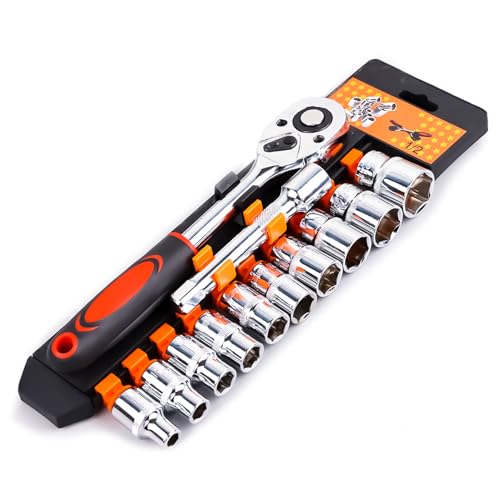 1/2" Drive Socket Set, 12-Piece Ratchet Socket Wrench Set with 10 Metric Sockets 8-24mm, 24-Tooth Quick-Release Ratchet Handle & Extension Bar, CR-V Steel with Organizer for Car & Home Repairs & DIY - size: 1/2" Drive
