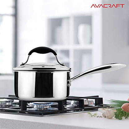 AVACRAFT Tri-Ply Stainless Steel Saucepan with Glass Strainer Lid, Two Side Spouts, Ergonomic Handle, Multipurpose Sauce Pan with Lid, Sauce Pot, Cooking Pot (Tri-Ply Full Body, 1.5 Quart) - size: 1.5 Quarts