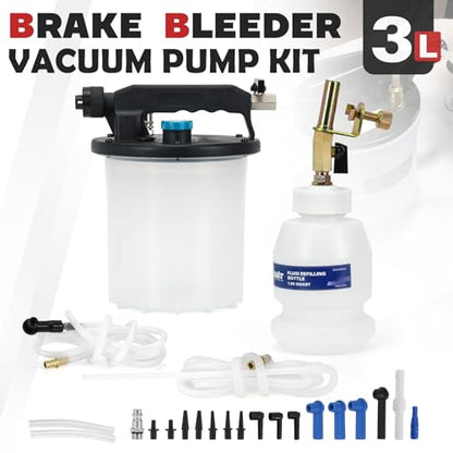 3L Brake Bleeder Vacuum Pump Kit with 1L Refilling Bottle and 18pcs adapters,One Person Pneumatic Brake Fluid Bleeder Kit Suitable for Most Brake Mast Cylinder - size: 3L+adapters