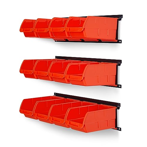 Ultrawall Wall Mounted Storage Bins, Plastic Hanging Storage Organizer Bins, Garage Tool Storage System for Screws, Nuts, Bolts, Nails, and Small Hardware Parts, 12x bins & 3 x rails, Orange - color: Orange