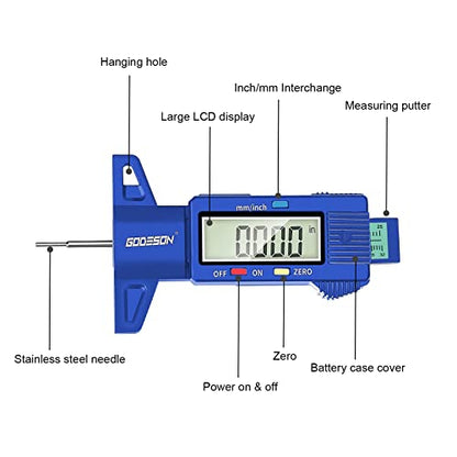 GODESON Tire Tread Depth Gauge, Digital Tire Tread DepthGauge in Inch/MM with Large LCD Display and Tire Tread Depth Measuring Tool for Cars,Trucks,Moto(Blue) - color: Blue