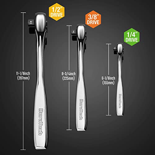 DURATECH 3-Piece Ratchet Set, 1/4", 3/8", 1/2" Drive | 90-Tooth, Quick-release, Contour Handle for Better Grip, Alloy Steel, Organized in Plastic Tray - style: Contour Handle