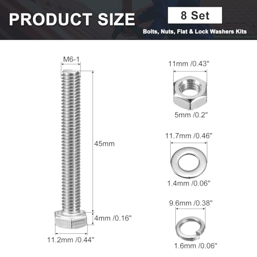 uxcell M6 x 45mm Hex Head Screws Bolts, Nuts, Flat & Lock Washers Kits, 304 Stainless Steel Fully Thread Hexagon Bolts 8 Sets - size: M6 x 45mm