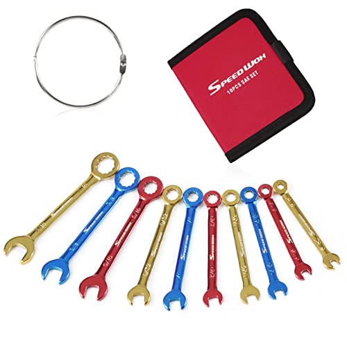 SPEEDWOX 10 Pcs Color Plated Open and Box End Mini Wrenches Color Coated Midget Wrench Set Mini Combination Wrench Set SAE with Portable Pouch and Large Ring（5/32-7/16"） - style: SAE