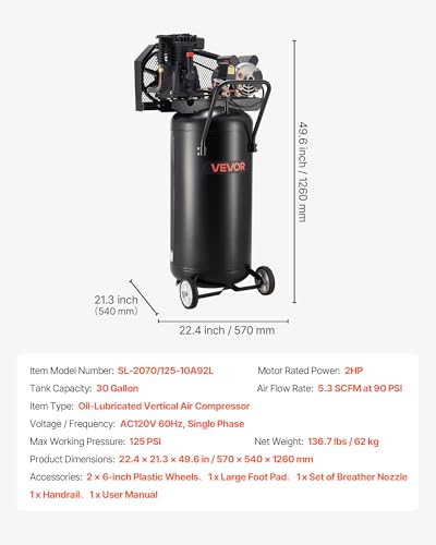 VEVOR 30 Gallons Air Compressor, 2HP 5.3SCFM at 90PSI, Max 125PSI Pressure Oil-Lubricated Air Compressor Tank, Portable on Wheels for Auto Repair,Tire Inflation,Spray Painting,Woodwork Nailing,120V - size: 30-Gallon