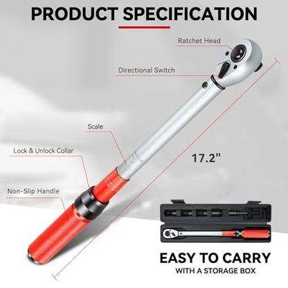 Auto Dynasty 1/2 Inch Dual-Scale Reversible Ratchet Wrench Set 10-160ft.lb/13.6-217.0 n.m with Quick Release and Accurate Torque Control - Perfect for Cars, Bikes, and Machinery Maintenance - size: 1/2 Inch-160ft.lb