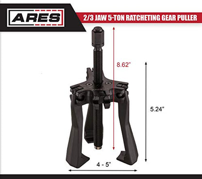 ARES 70434 - Reversible 2/3 Jaw 5-Ton Ratcheting Gear Puller - Chrome Moly Steel Construction - 4-Inch to 5-Inch Adjustable Range - Removes Gears, Pulleys, and Flywheels - size: Reversible 2/3 Jaw 5-Ton Puller